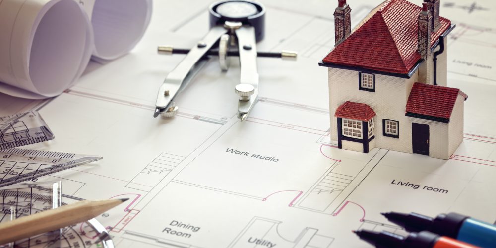 House plan blueprint and model house concept for new house design or home improvement